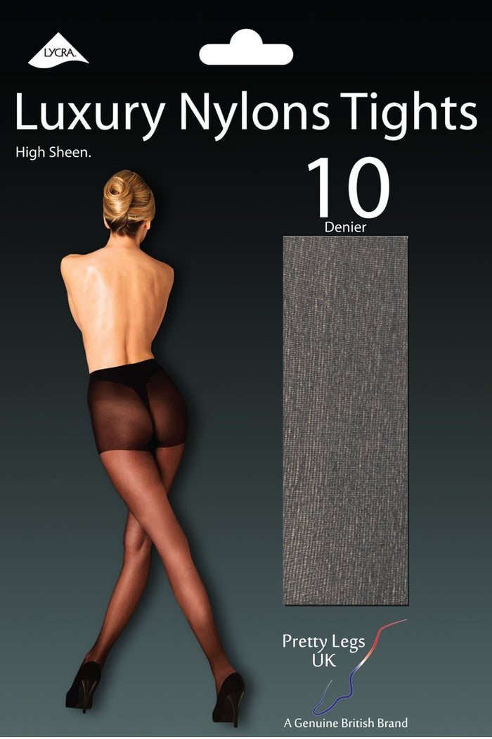 Luxury nylons tights packaging and Pretty Legs UK branding.