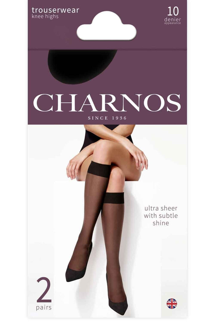 Charnos knee highs packaging with a model wearing the black knee highs.