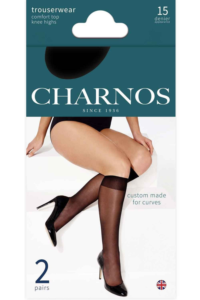 Charnos trouserwear packaging with a model wearing black knee highs