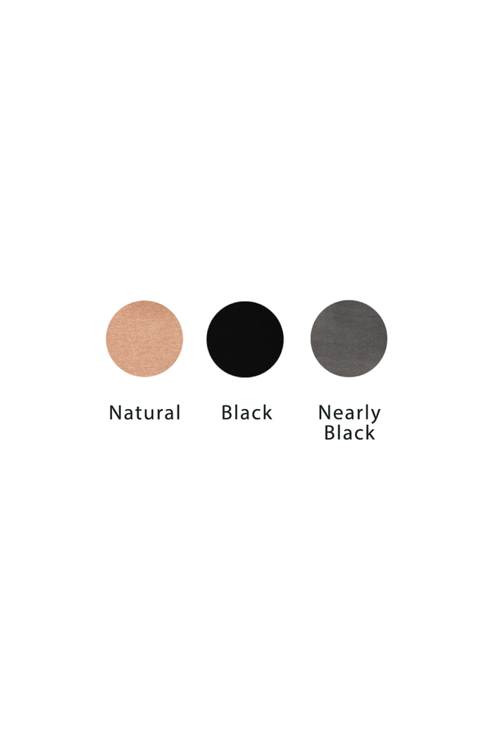 Three color swatches labeled 'Natural', 'Black', and 'Nearly Black' on a white background.