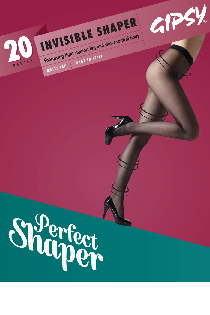 Gipsy Invisible Shaper tights advertisement with a model wearing the product on a pink and teal background.