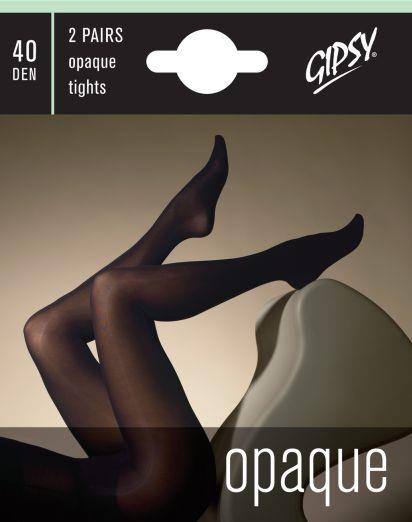Gipsy opaque tights packaging with a model wearing the tights.