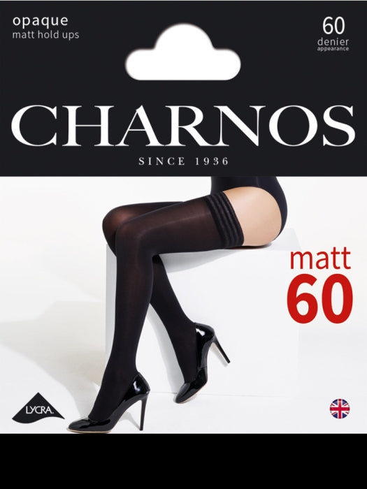 Charnos 60 denier opaque matt hold-ups packaging with a model wearing the hold ups