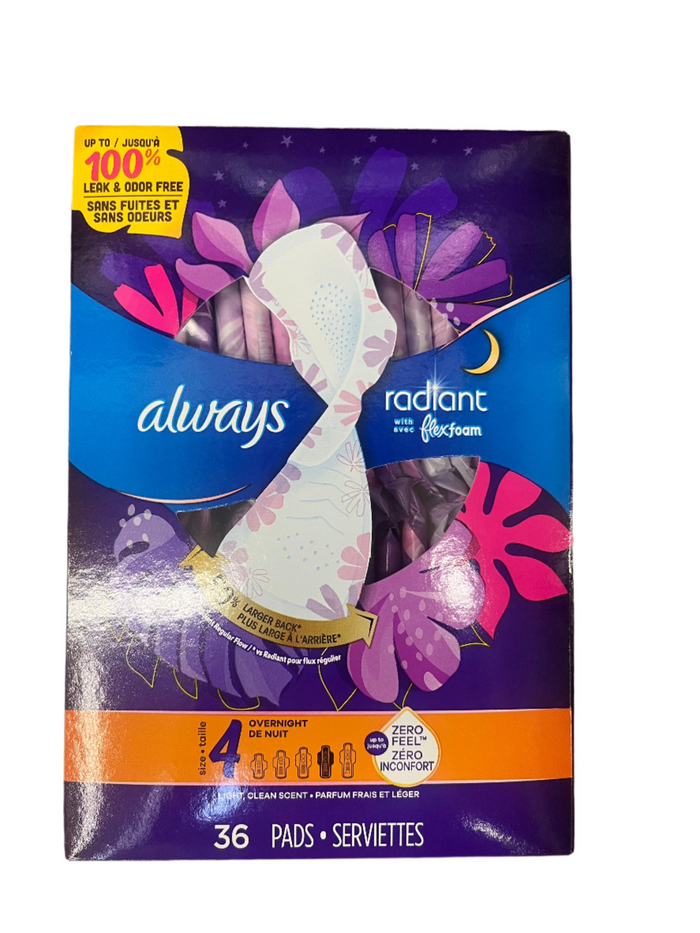 Always Radiant Overnight 4- 36 pads