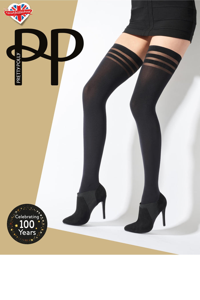 Black hold ups with striped design worn by a person, on a beige and white background with Pretty Polly branding.