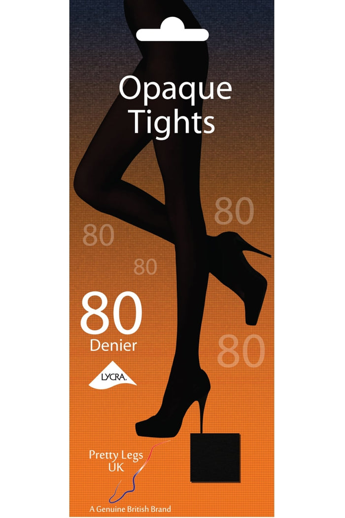 Packaging of opaque tights with a silhouette of legs and '80 Denier' text