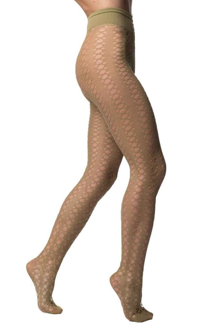 Matcha coloured atterned fishnet tights worn by a person on a white background