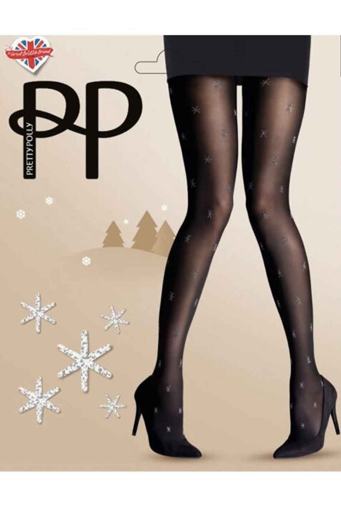 Black tights with star patterns on a beige background with Pretty Polly branding.