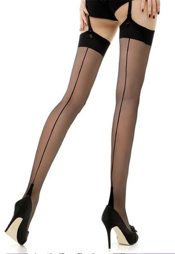 Black sheer seamed stockings with garter straps worn by a person on a white background