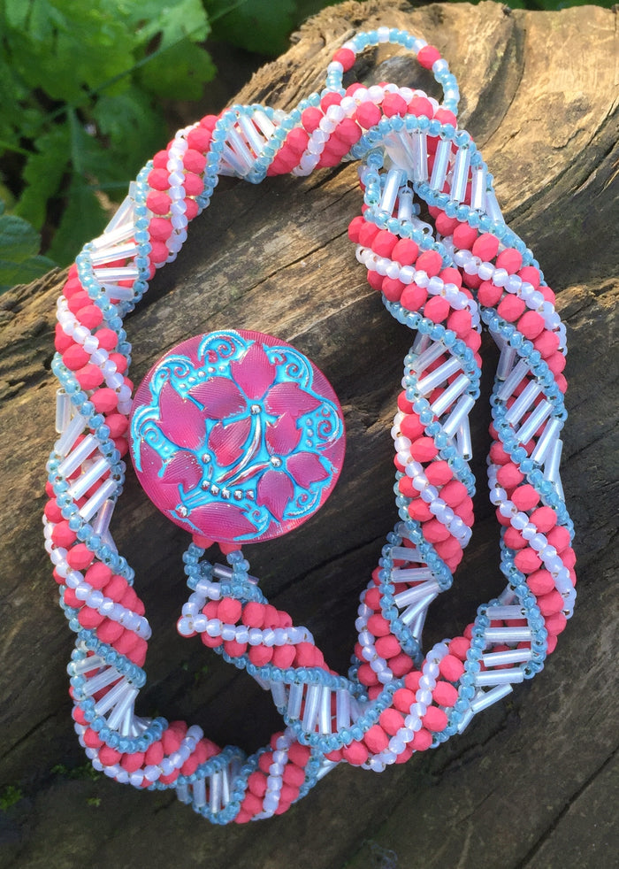 Beaded Necklace - Fuschia Cream and Seafoam Helix