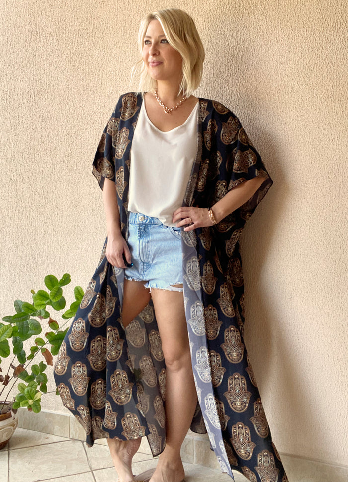 Black and gold hamsa hand Kimono - 3 Lengths