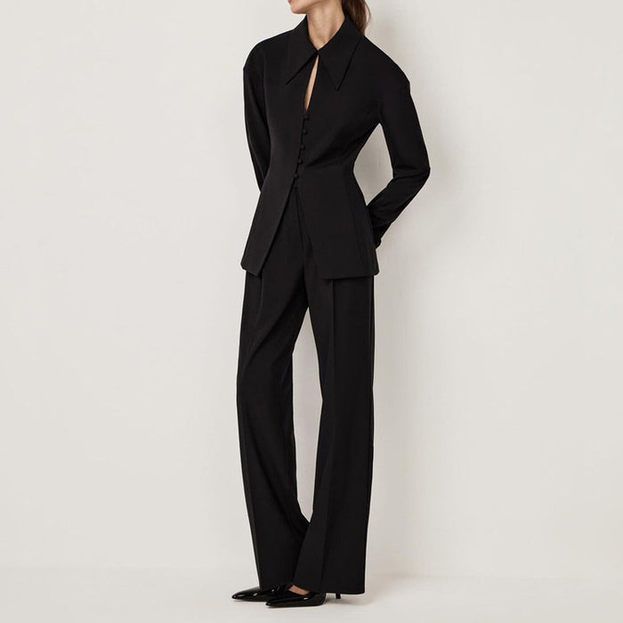 Black Sets Women Collared Long Sleeve Slim Jacket Casual Pants Office Two Piece Sets