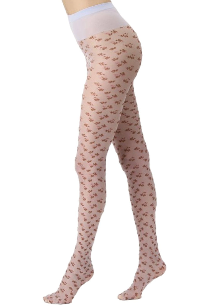 Blossom patterned tights with a subtle pattern on a white background