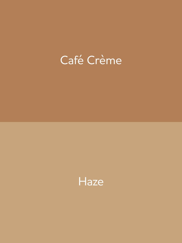 Two-tone color swatch with 'Café Crème' and 'Haze' text on a brown background