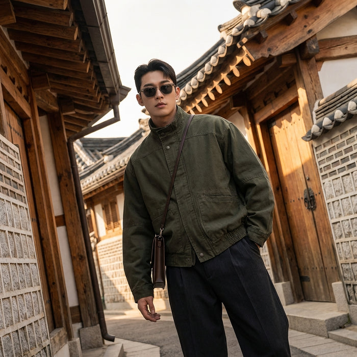 Veste cargo homme vert armée, col montant, style streetwear coréen