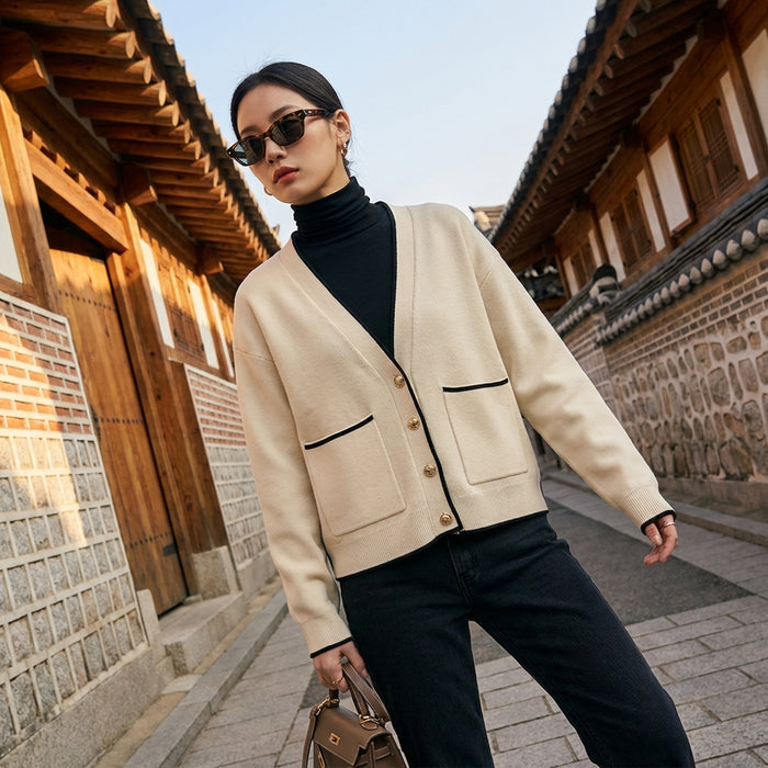 Cardigan tricoté beige pour femme, col V et poches, style décontracté K-fashion