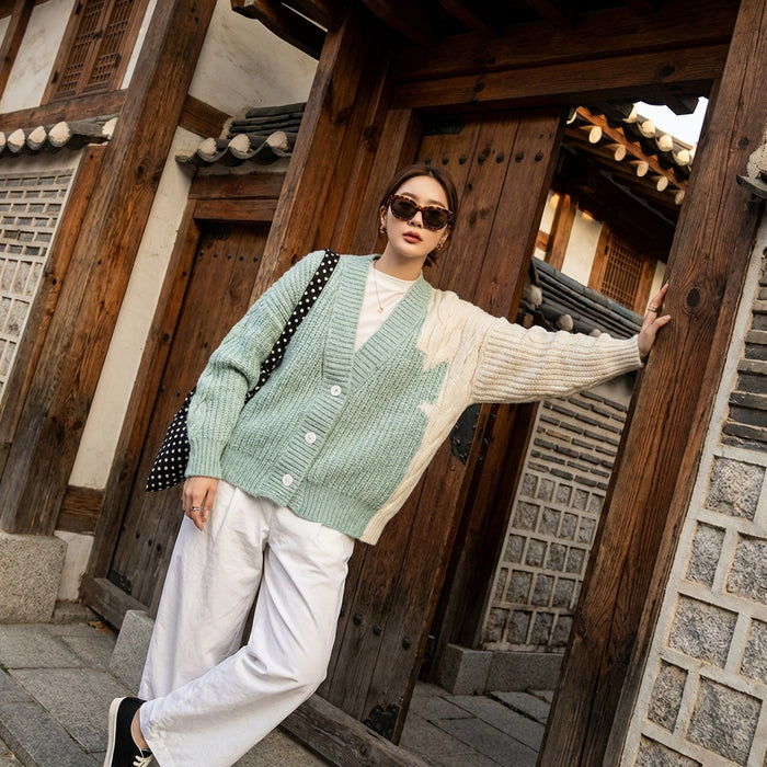 Cardigan tricoté col V ample couleurs automne hiver - K-fashion