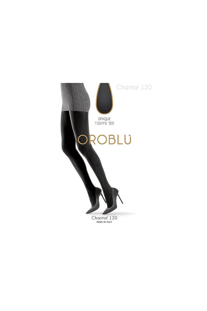 Black tights worn with a patterned shoe on a white background, featuring the Oroblu brand.