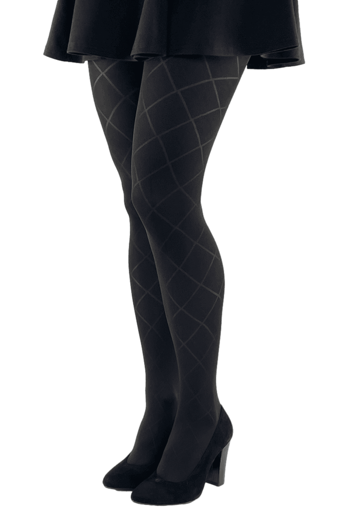 Black tights with diamond pattern worn by a model on a white background