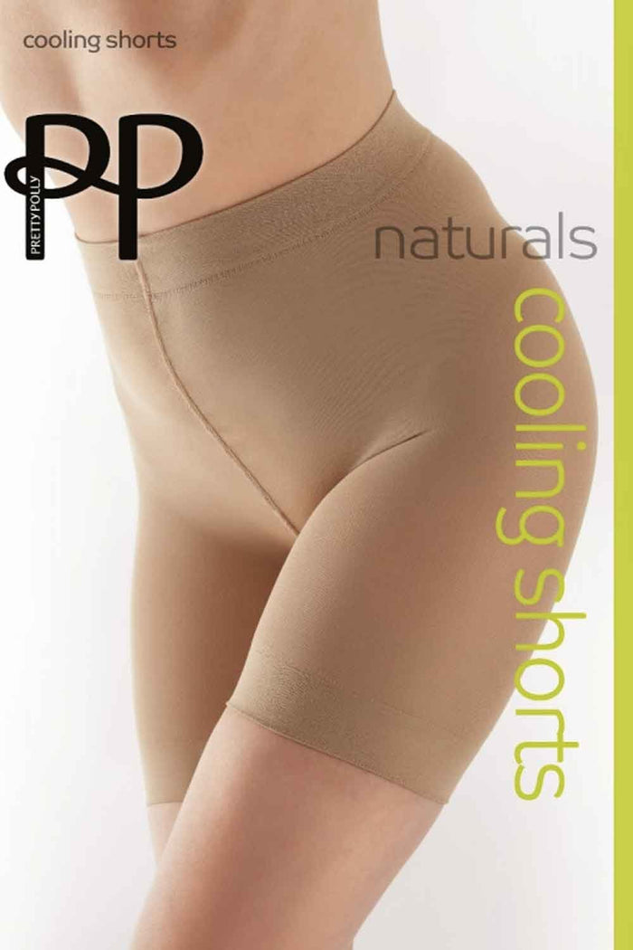 Beige cooling shorts with a brand logo on a white background