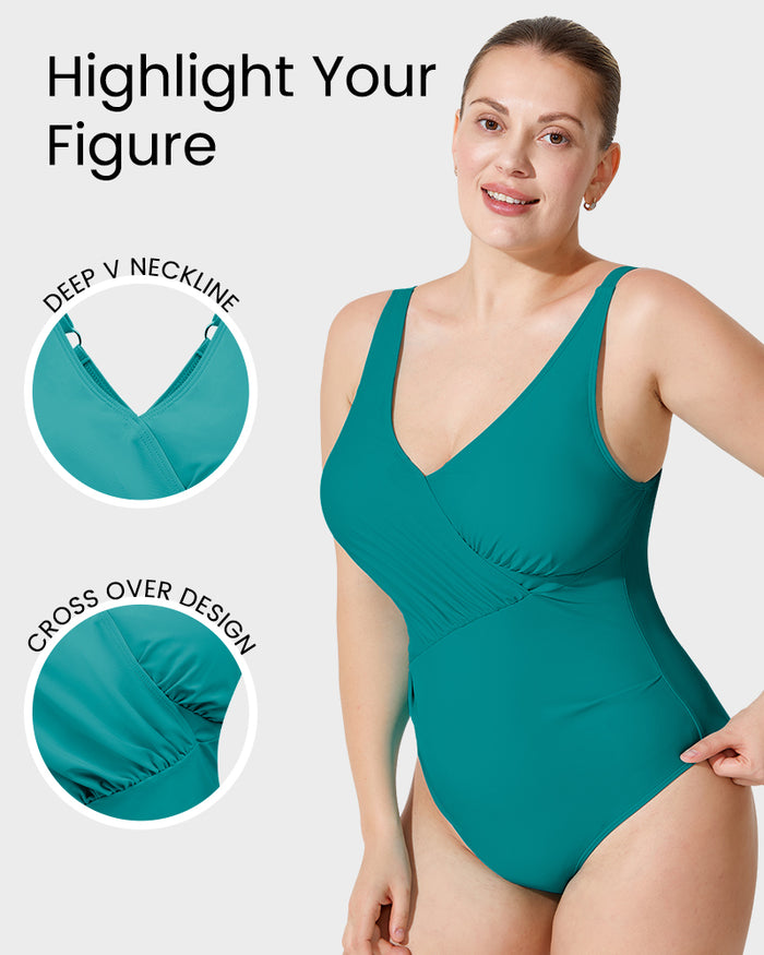Deep V Cross Over Ruched One-Piece Swimsuit