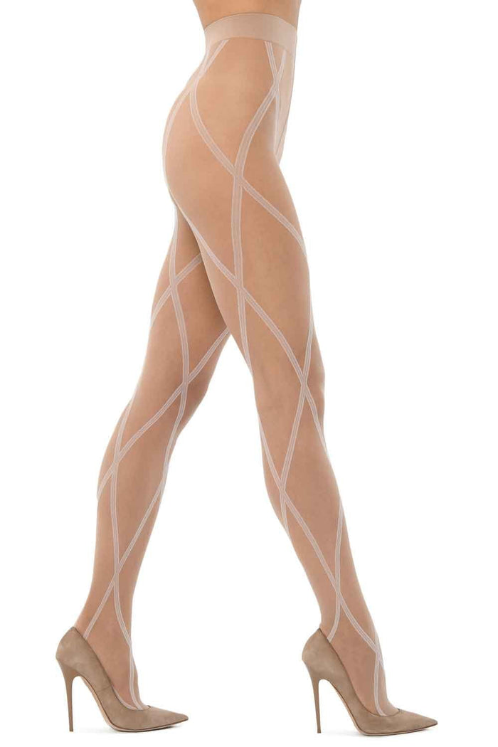 diamond tights with white geometric pattern worn by a model on a white background