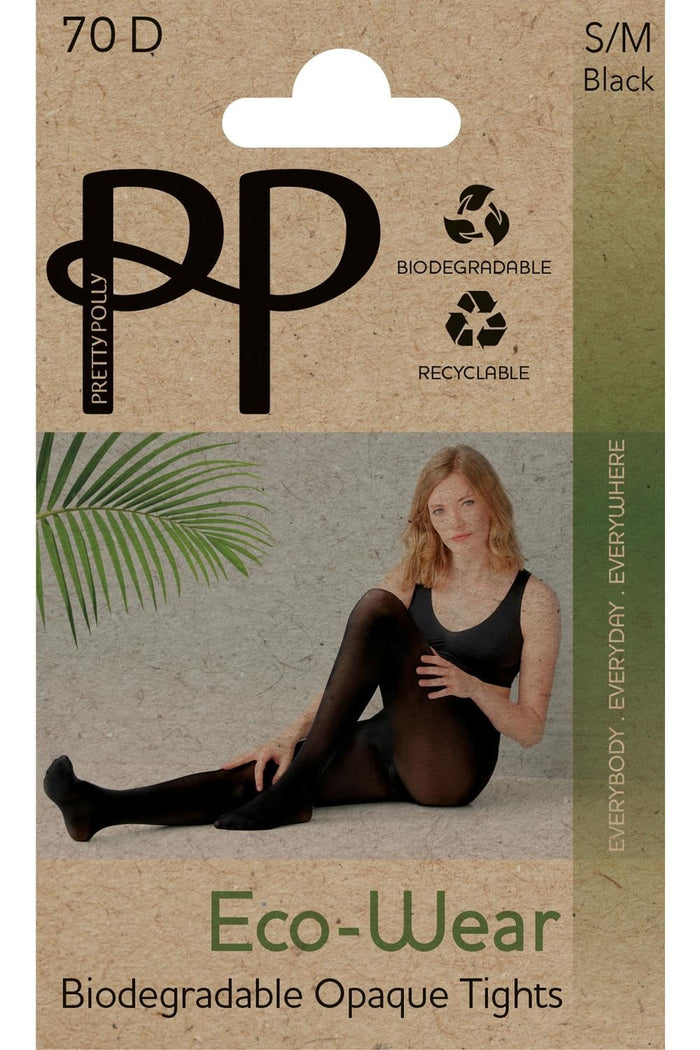 Packaging of Pretty Polly Eco-Wear biodegradable opaque tights with branding and product details.