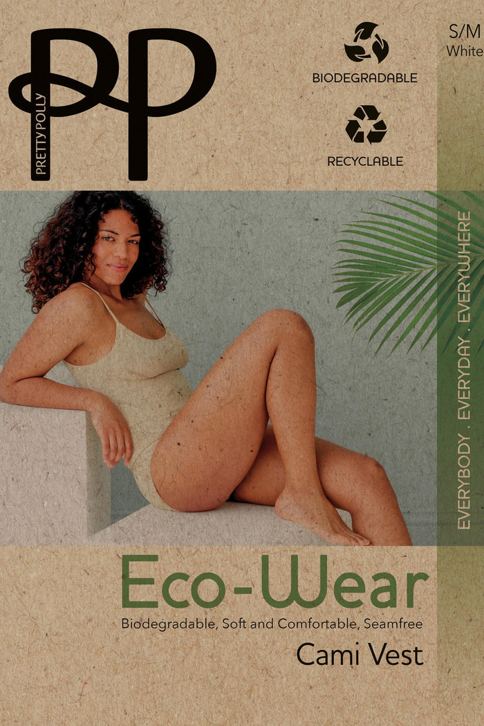 Eco-Wear cami vest packaging with a model wearing the product, featuring the brand logo and sustainability icons.