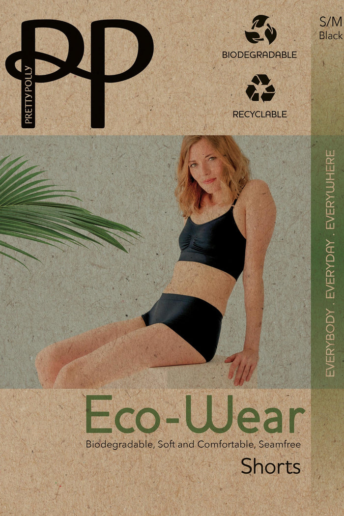 Eco-friendly shorts packaging with a model wearing the product and branding details.