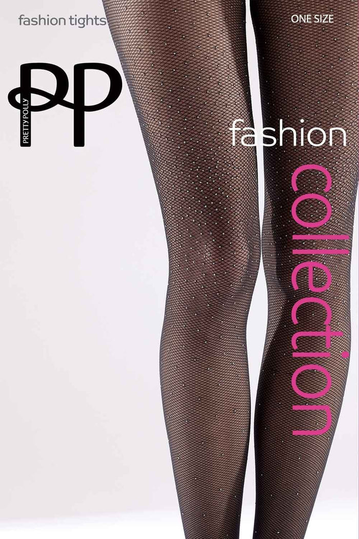 Black fashion fishnet tights with glittery texture on a white background, featuring the brand Pretty Polly
