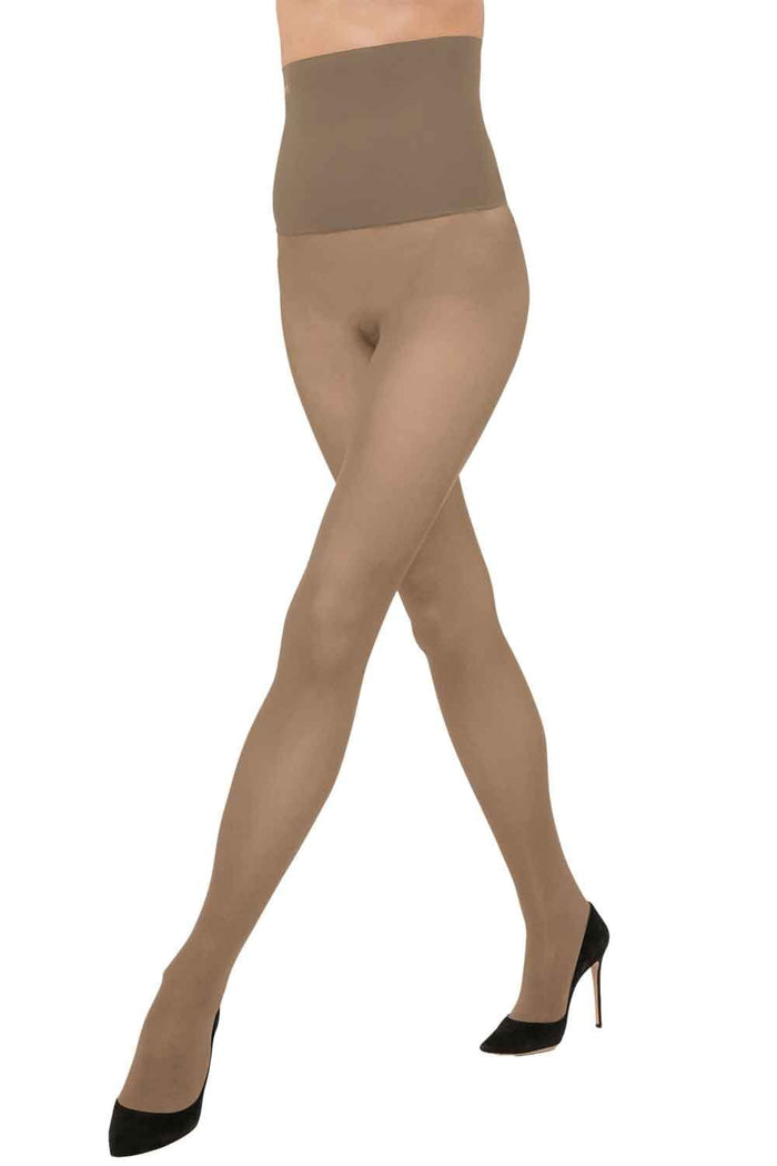 Gobi colored tights worn by a model on a white background