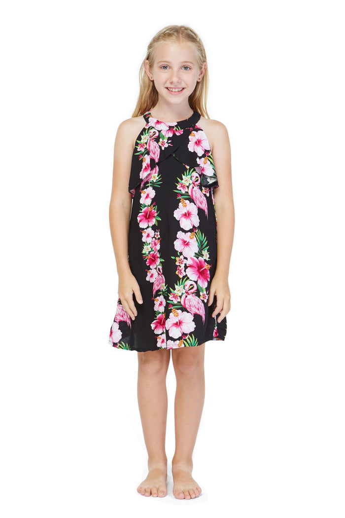 Father Daughter Set in Pink Hibiscus Vine Black