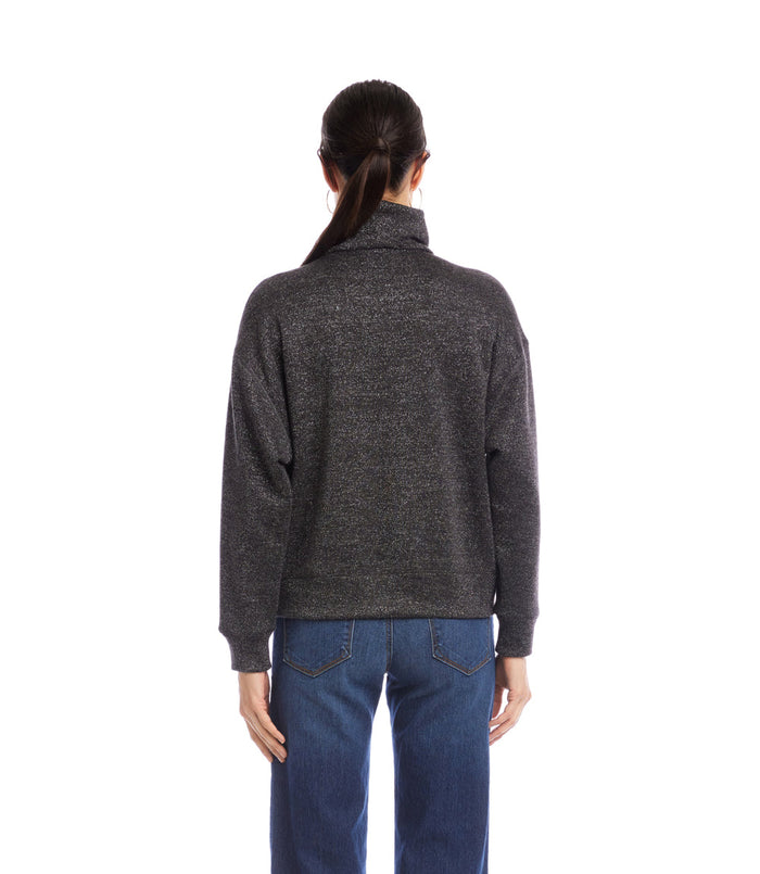 Faux Wrap Turtleneck Top - Black w/ Silver