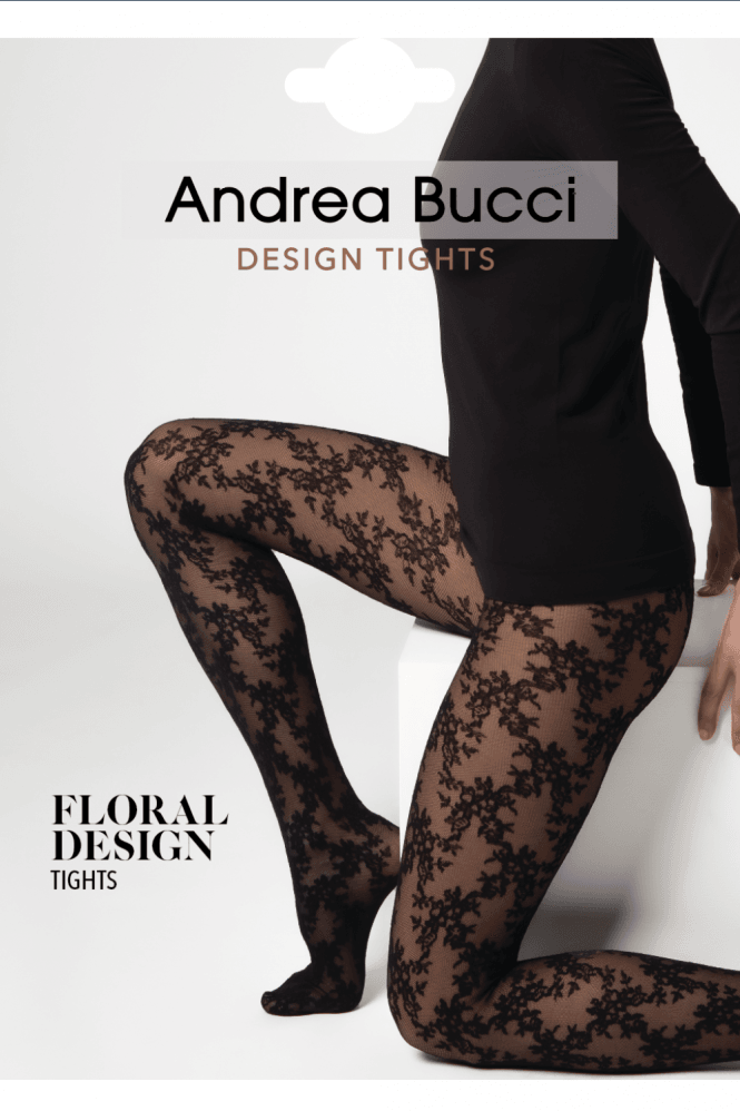 Andrea bucci botanical floral design tights on a package with Andrea Bucci logo