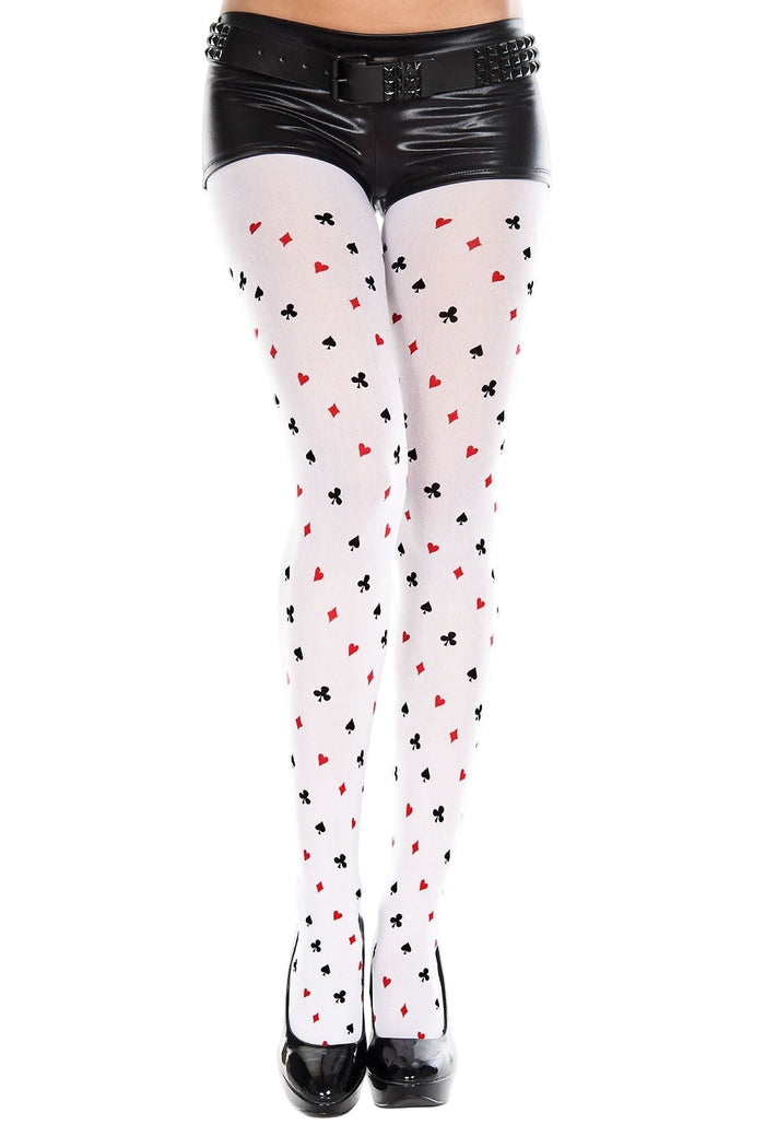 White tights with four suits pattern worn with black leather shorts on a white background