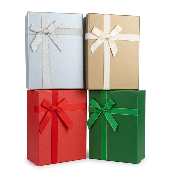 GiftRite 6" x 8" x 3" Medium Holiday Gift Boxes with Ribbon Bows, 4 Assorted Metallic Colors, Wholesale