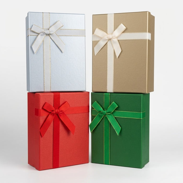 GiftRite 9" x 13" x 4.5" Extra Large Holiday Gift Boxes with Ribbon Bows, 4 Assorted Metallic Colors, Wholesale