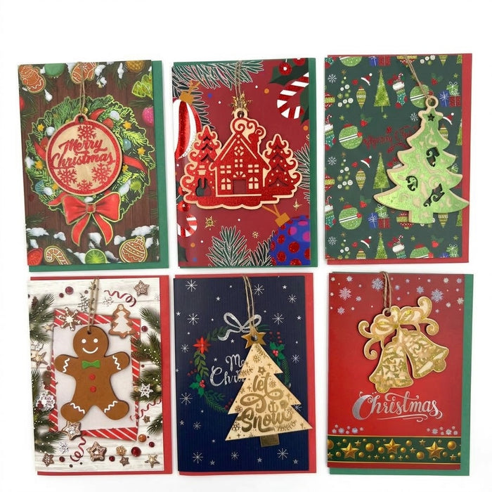 GiftRite Merry Christmas Greeting Cards with Wooden Ornaments, Wholesale