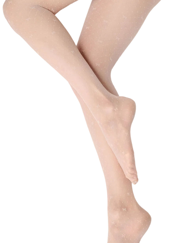 Cosmetic coloured tights with a micro pattern worn by a person on a white background