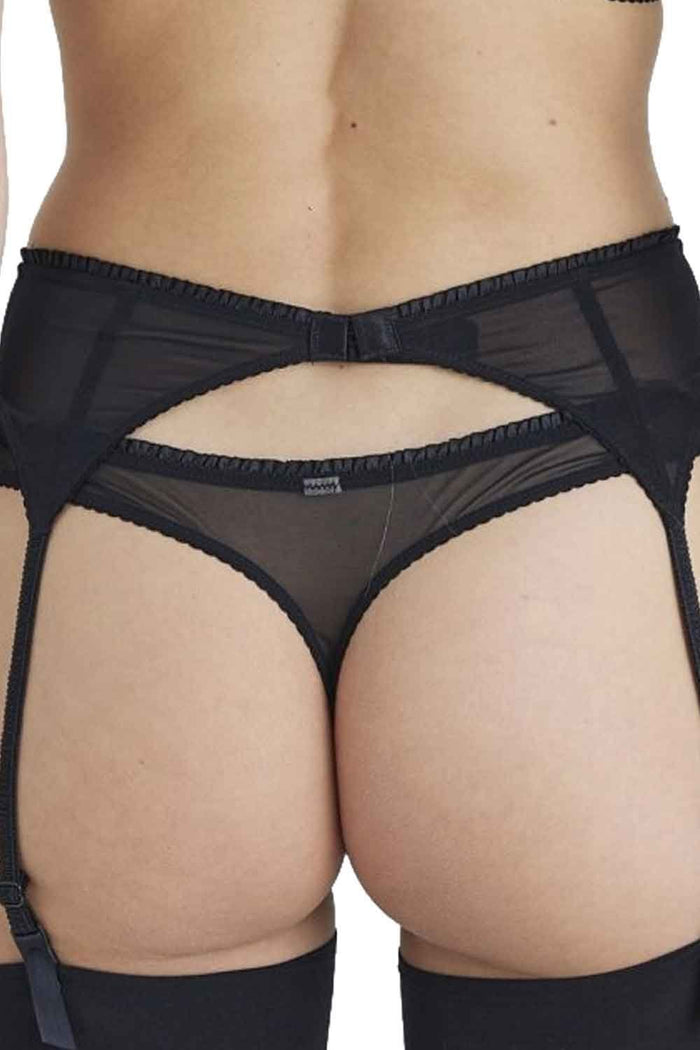 Black mesh lingerie set with suspender belt on a white background