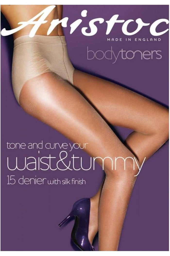 Aristoc body toners advertisement with a person wearing beige tights on a purple background.