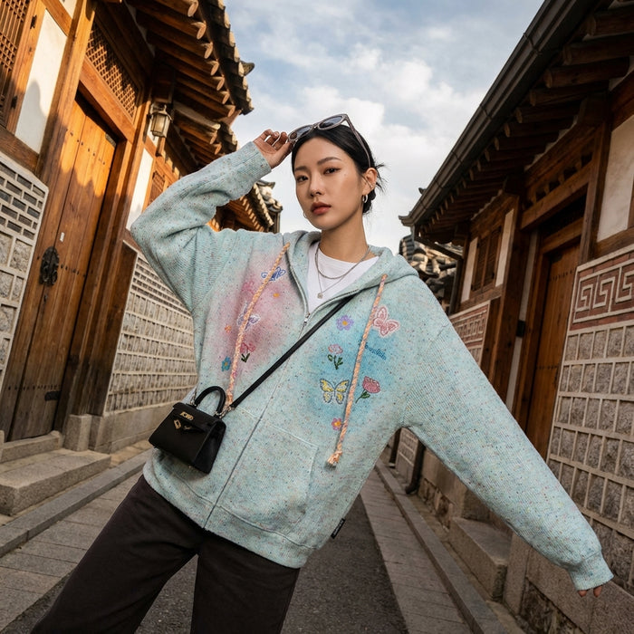 Cardigan à capuche unisexe imprimé papillon, style streetwear K-fashion