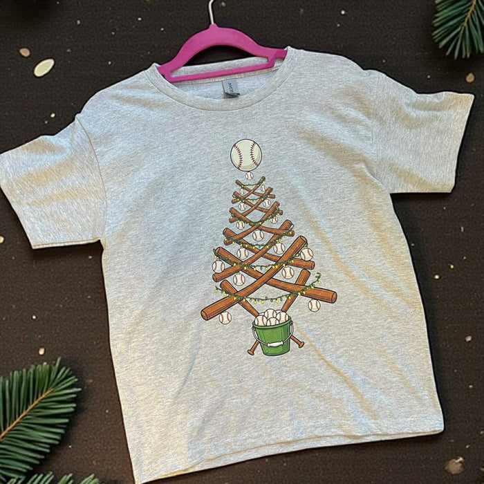 Kids Youth Baseball Christmas Tree T-Shirt
