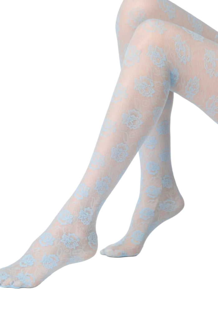 Lace tights with light blue floral pattern worn by a person on a white background
