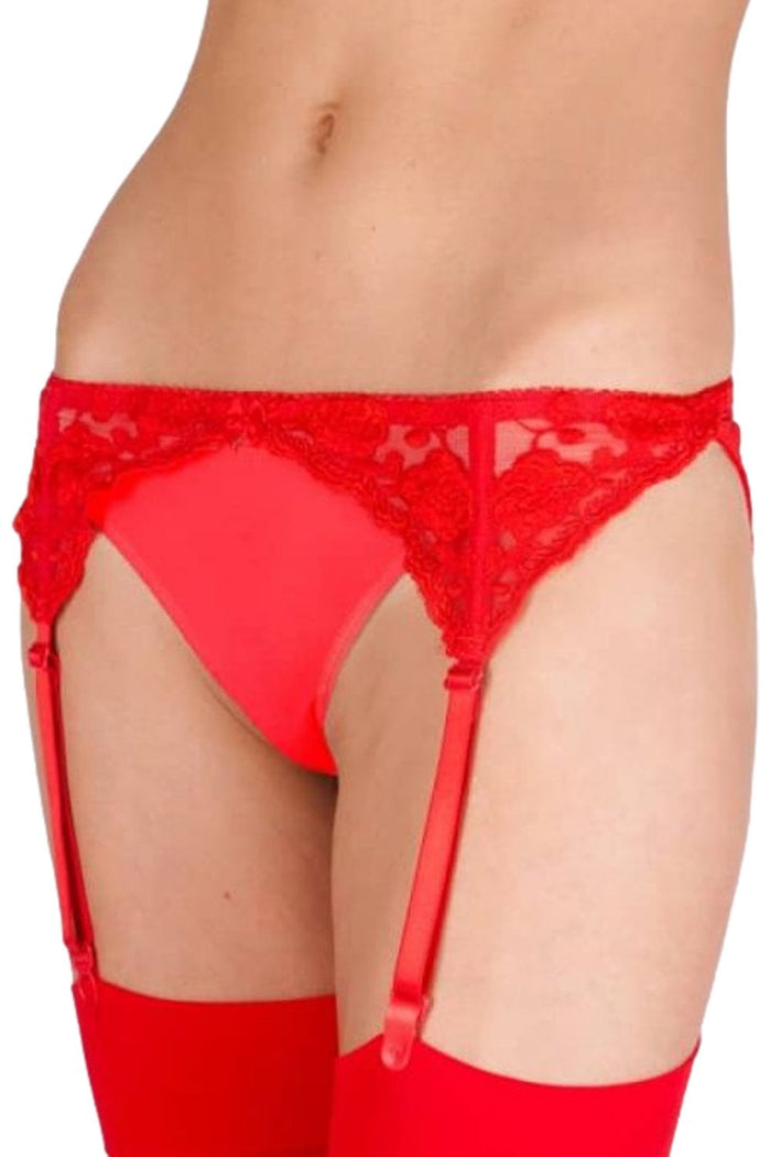 Silky red lace narrow suspender belt on a white background