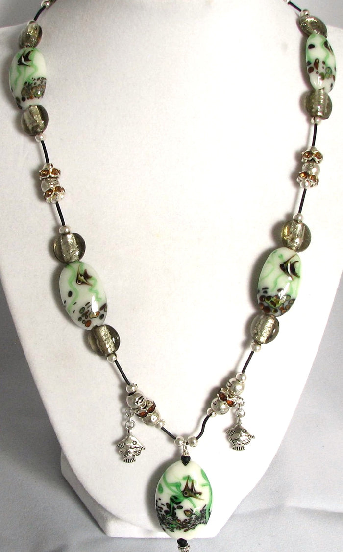 Lampwork Glass Necklace - Lampwork Fishes on Black Cord
