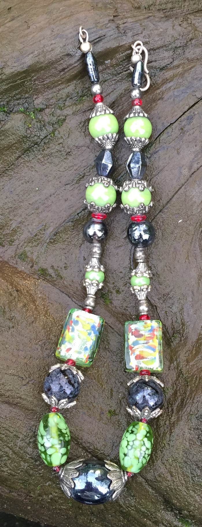 Lampwork Glass Necklace - Shimmering Black and Green Confetti