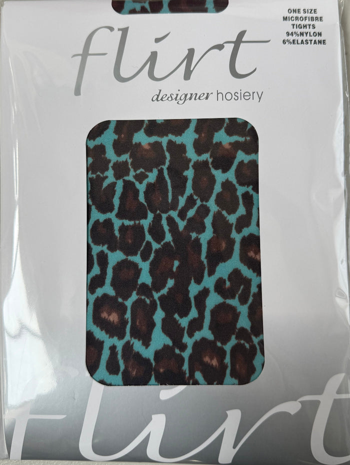 Packaged leopard print hosiery with 'flirt' branding on a white background