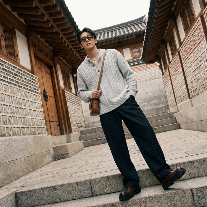 Pull maille torsadée bicolore gris clair et gris foncé - Koreanxwear