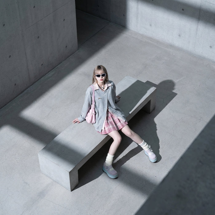 Sweat à capuche loose col polo gris - Mode K-fashion femme